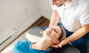 A woman lying on a couch smiling with a man sitting behind her head performing chiropractic adjustments.