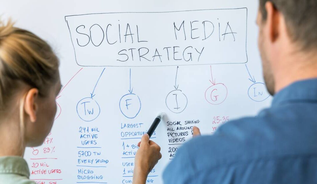 Two coworkers standing shoulder-to-shoulder and analyzing a whiteboard that reads “social media strategy.”