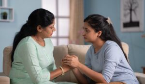 Two women are sitting on a small sofa and looking at each other with melancholy expressions. Their hands are clasped.